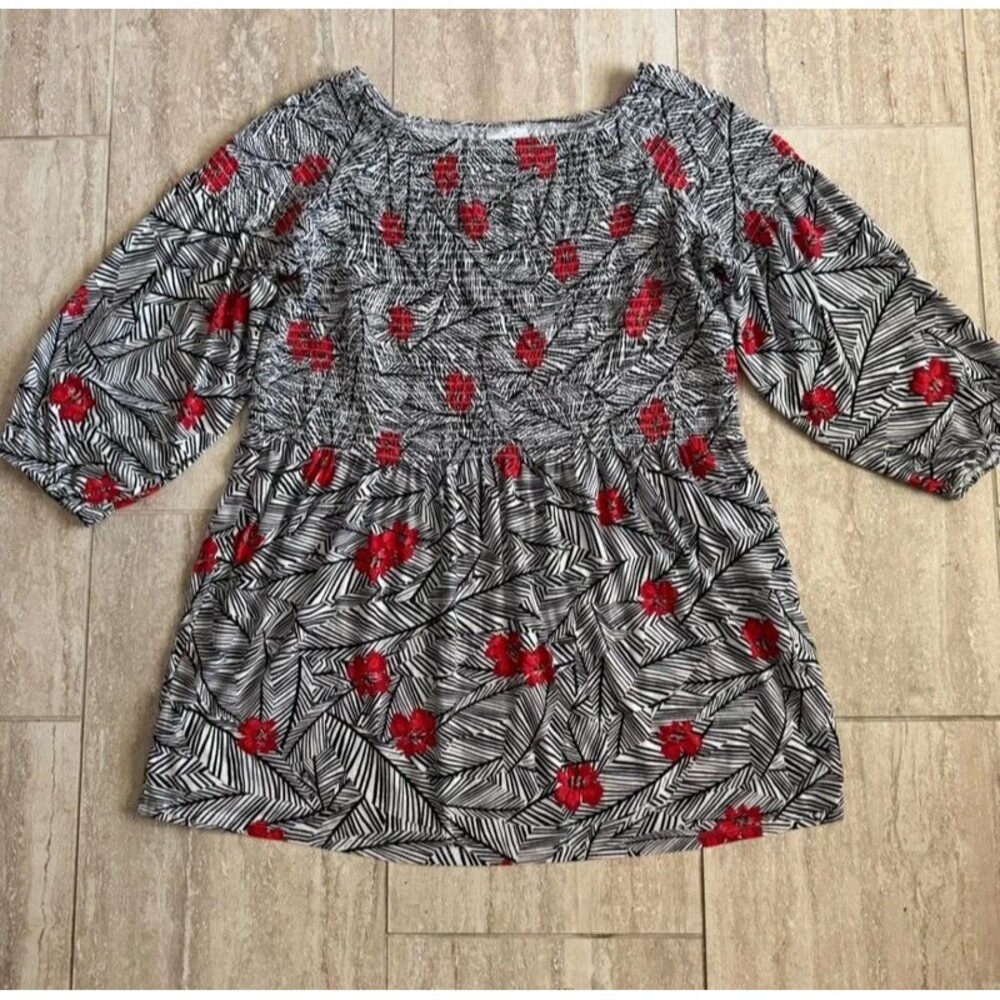 J.Jill Smocked Blouse L Black White Red Tropical Floral Palm Boho Tunic Top Sz L